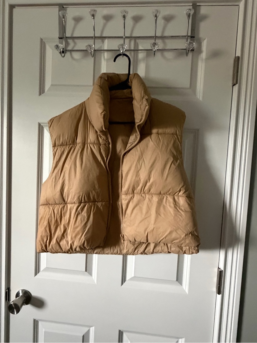 Tan Cropped Puffer Vest | Zip Front